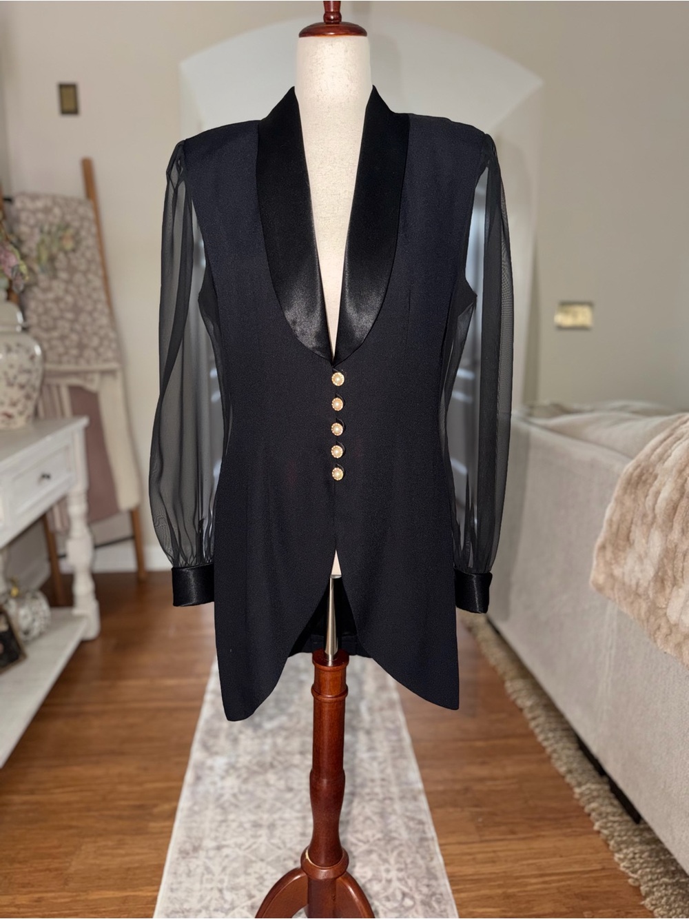 Cache Elegant Black Satin-Trim Blazer Jacket Size 7/8